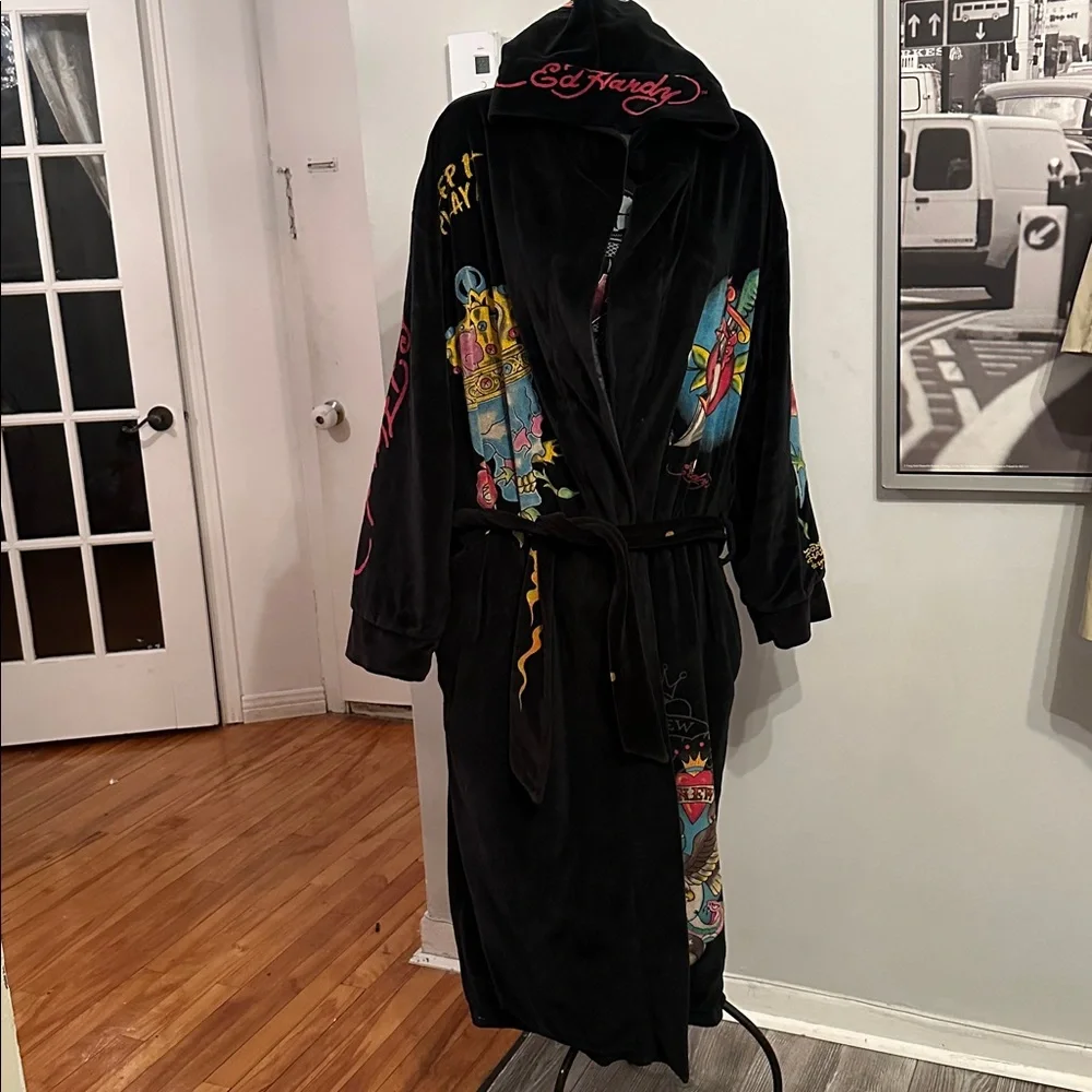 Y2K Ed Hardy Velvet Robe Coat Skull Tattoo Graphic Black S/M Luxury Streetwear - Picture 3 of 15